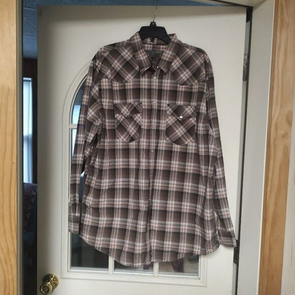 Old Navy Brown Plaid Pearl Snap Long Sleeved Shirt Size Men's XXL - Picture 1 of 2
